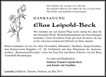 Traueranzeige von Elias Leipold-Beck von Südthüringer Presse