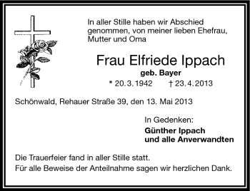 Traueranzeige von Elfriede Ippach von Frankenpost
