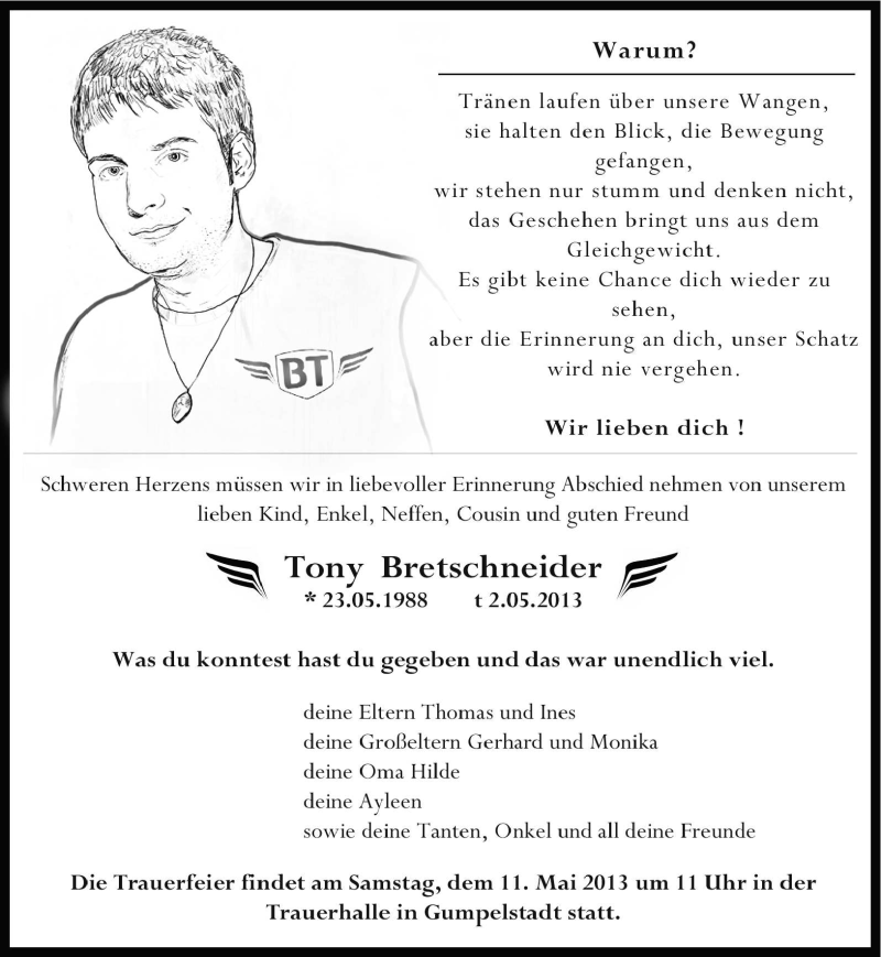  Traueranzeige für Tony Bretschneider vom 09.05.2013 aus Südthüringer Presse