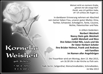 Traueranzeige von Kornelia Weisheit von Südthüringer Presse