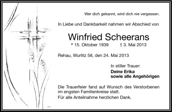 Traueranzeige von Winfried Scheerans von Frankenpost