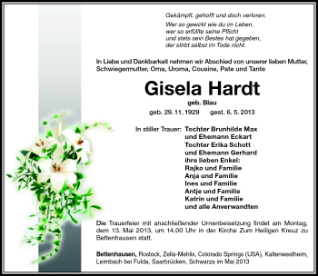 Traueranzeige von Gisela Hardt von Südthüringer Presse