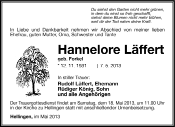 Traueranzeige von Hannelore Läffert von Südthüringer Presse