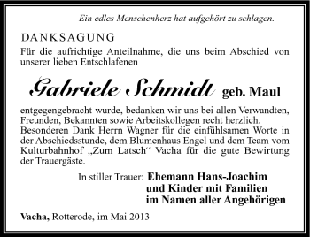 Traueranzeige von Gabriele Schmidt von Südthüringer Presse