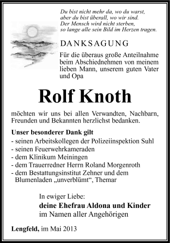 Traueranzeige von Rolf Knoth von Südthüringer Presse