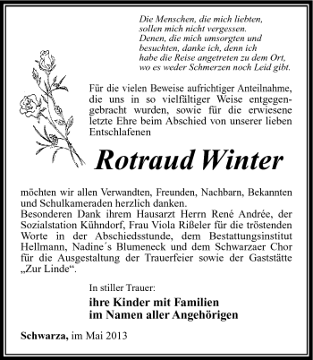 Traueranzeige von Rotraud Winter von Südthüringer Presse