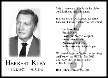 Traueranzeige von Herbert Kley von Südthüringer Presse