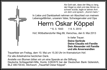 Traueranzeige von Oskar Köppel von Frankenpost