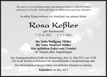 Traueranzeige von Rosa Keßler von Südthüringer Presse