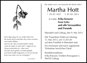 Traueranzeige von Martha Hott von Neue Presse Coburg