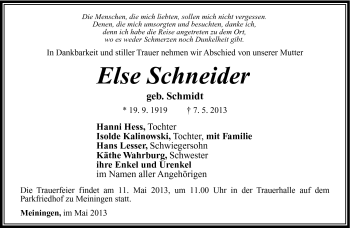 Traueranzeige von Else Schneider von Südthüringer Presse
