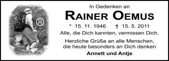 Traueranzeige von Rainer Oemus von Südthüringer Presse