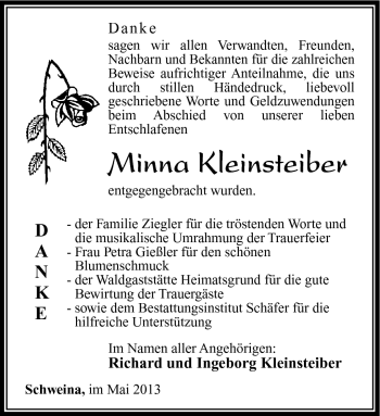 Traueranzeige von Minna kleinsteiber von Südthüringer Presse