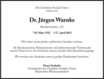 Traueranzeige von Dr. Jürgen Warnke von Frankenpost