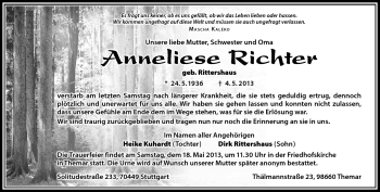 Traueranzeige von Anneliese Richter von Südthüringer Presse