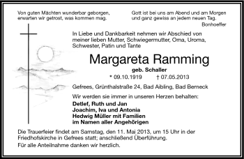 Traueranzeige von Margareta Ramming von Frankenpost