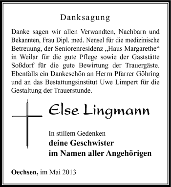 Traueranzeige von Else Lingmann von Südthüringer Presse