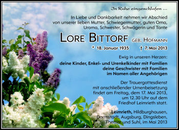 Traueranzeige von Lore Bittorf von Südthüringer Presse
