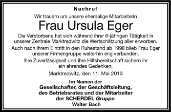 Traueranzeige von Ursula Eger von Frankenpost