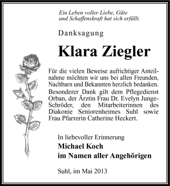 Traueranzeige von Klara Ziegler von Südthüringer Presse
