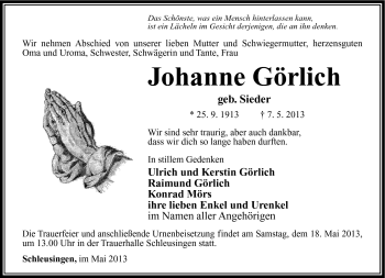 Traueranzeige von Johanne Görlich von Südthüringer Presse