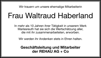 Traueranzeige von Waltraud Haberland von Frankenpost