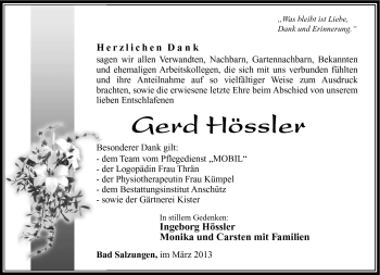 Traueranzeige von Gerd Hössler von Südthüringer Presse