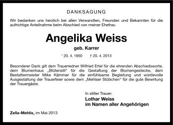 Traueranzeige von Angelika Weiss von Südthüringer Presse
