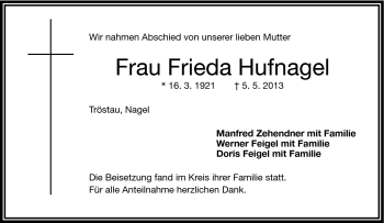 Traueranzeige von Frieda Hufnagel von Frankenpost