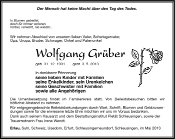 Traueranzeige von Wolfgang Grüber von Südthüringer Presse