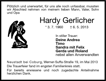 Traueranzeige von Hardy Gerlicher von Neue Presse Coburg