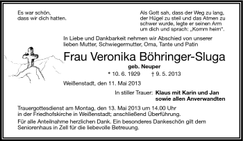 Traueranzeige von Veronika Böhringer-Sluga von Frankenpost