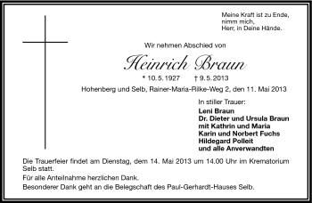 Traueranzeige von Heinrich Braun von Frankenpost