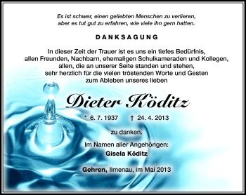 Traueranzeige von Dieter köditz von Südthüringer Presse