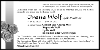 Traueranzeige von Irene Wolf von Südthüringer Presse