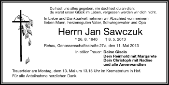 Traueranzeige von Jan Sawczuk von Frankenpost