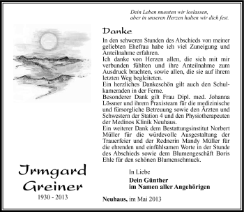 Traueranzeige von Irmgard Greiner von Südthüringer Presse