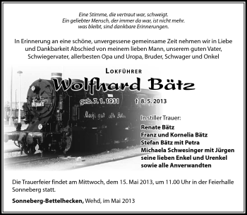 Traueranzeige von Wolfhard Bätz von Südthüringer Presse