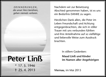 Traueranzeige von Peter Linß von Südthüringer Presse