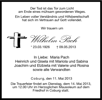 Traueranzeige von Wilhelm Pach von Neue Presse Coburg