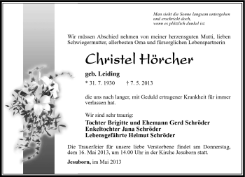 Traueranzeige von Christel Hörcher von Südthüringer Presse