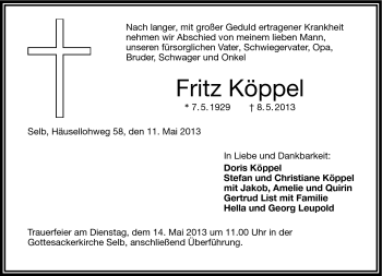 Traueranzeige von Fritz Köppel von Frankenpost