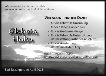 Traueranzeige von Elsbeth Hahn von Südthüringer Presse