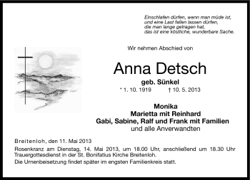 Traueranzeige von Anna Detsch von Neue Presse Coburg