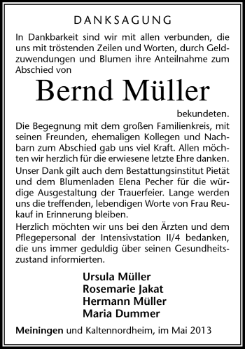 Traueranzeige von Bernd Müller von Südthüringer Presse