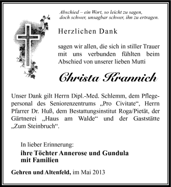 Traueranzeige von Christa Krannich von Südthüringer Presse