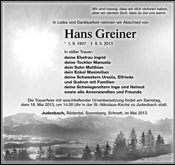 Traueranzeige von Hans Greiner von Südthüringer Presse