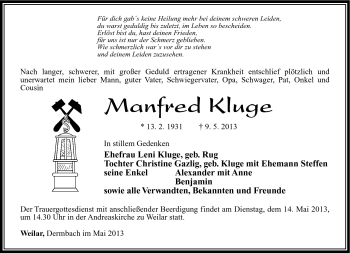 Traueranzeige von Manfred Kluge von Südthüringer Presse