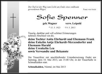 Traueranzeige von Sofie Spenner von Südthüringer Presse