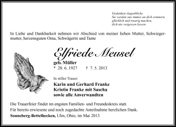 Traueranzeige von Elfriede Meusel von Südthüringer Presse